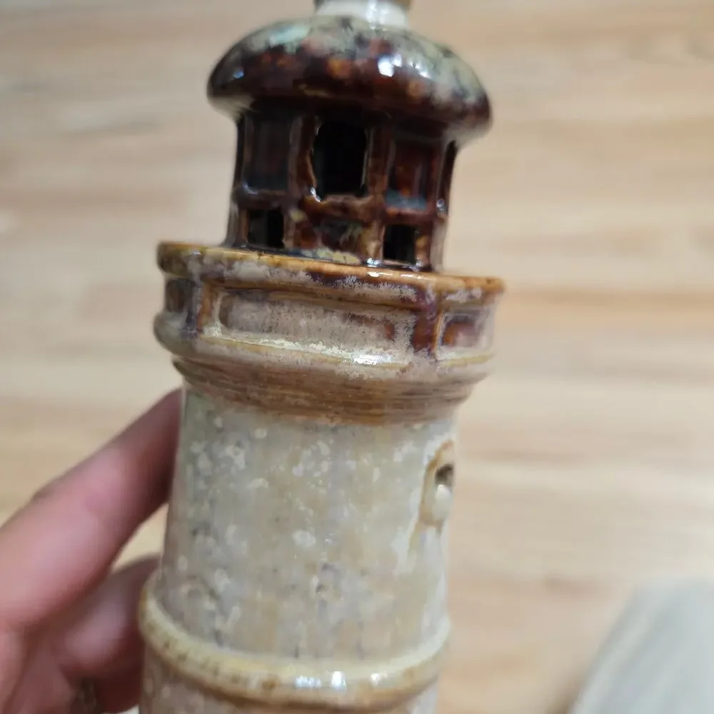 Vintage Rustic Stoneware Art Pottery Lighthouse Candle Holder 7.5